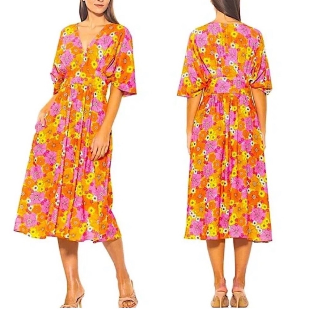 Alexia Admor Puff Sleeve Floral Colorful Midi Dress size‎ small